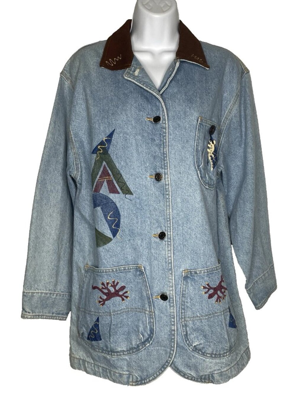 Vintage 80s Sunbelt Denim Chore Coat Jacket Size S Southwestern Hand Painted